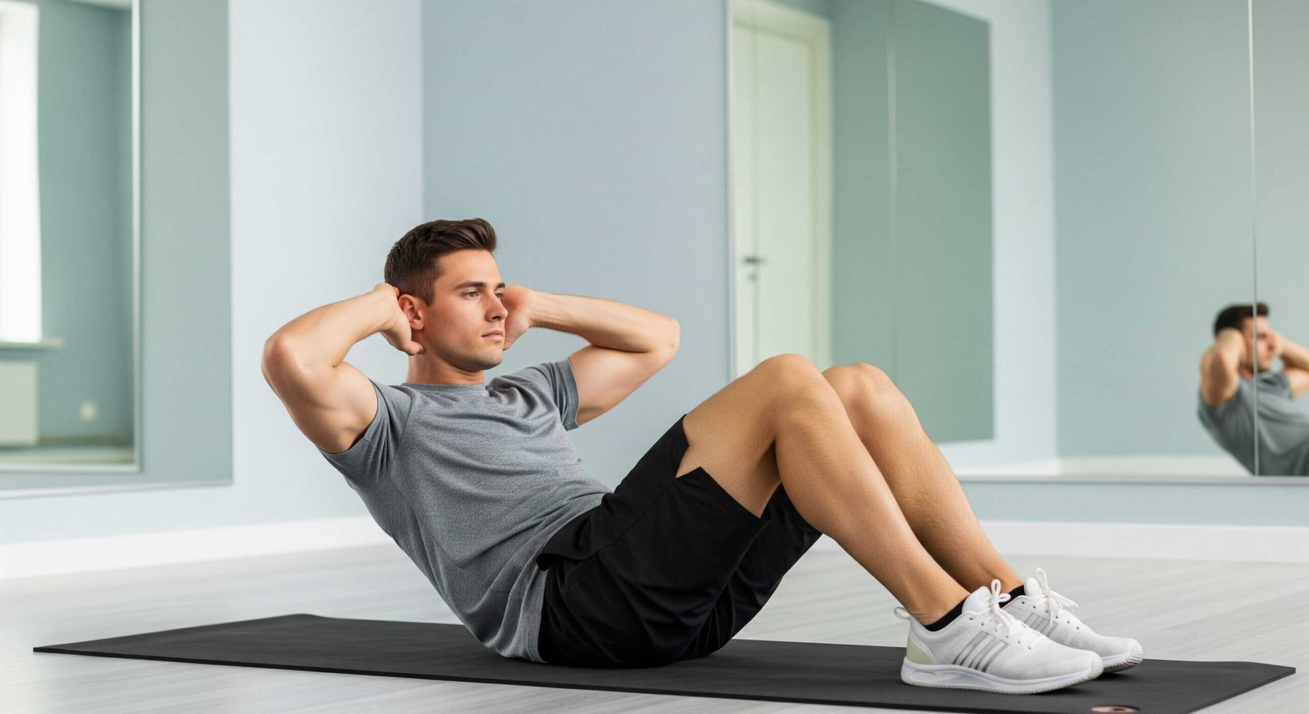 A realistic photograph of a person performing a crunch on a yoga mat in a clean fitness studio.