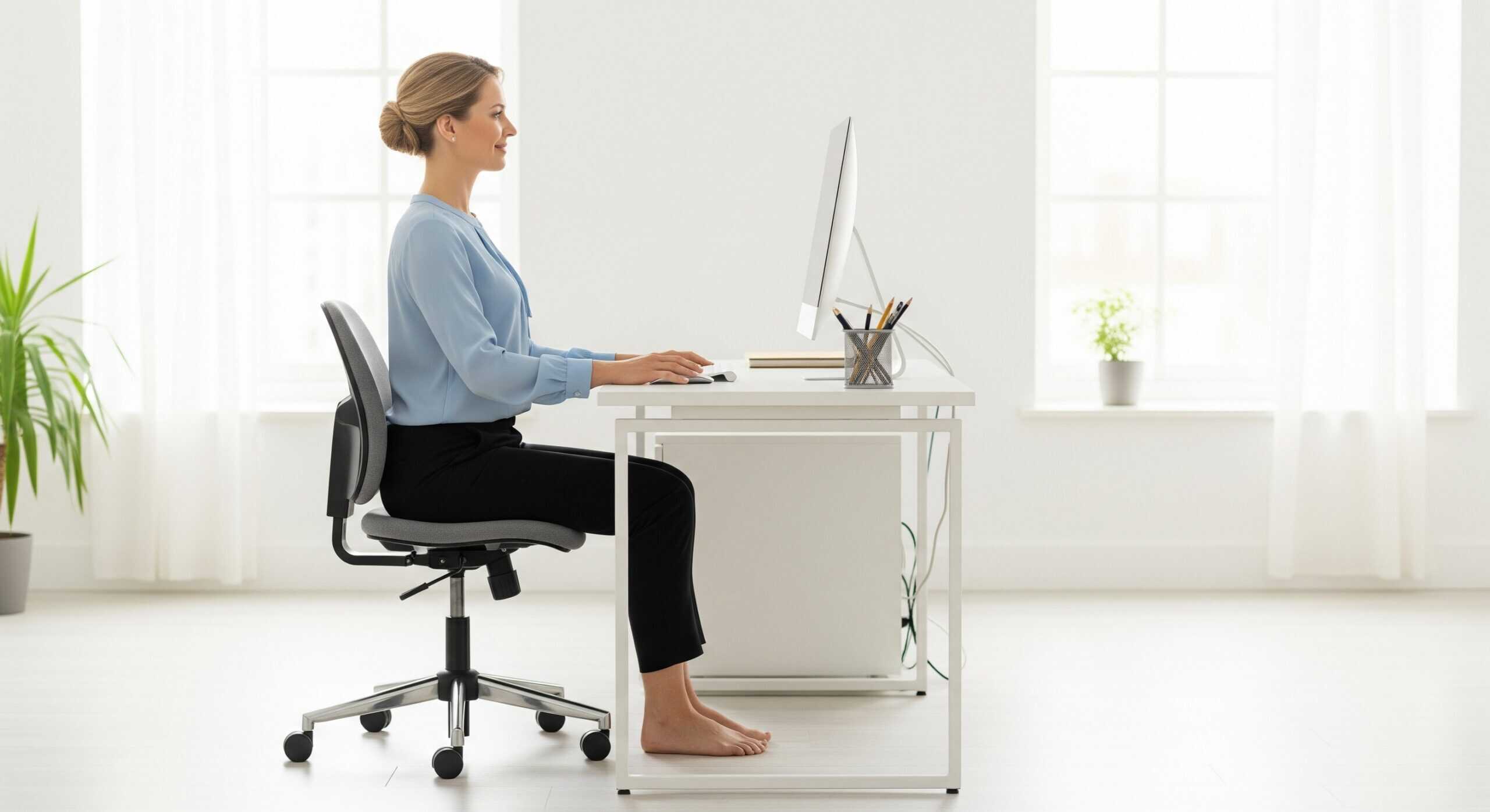 A side view of a person demonstrating proper sitting posture at a desk, with feet flat on the floor, a straight back, and the computer monitor at eye level.