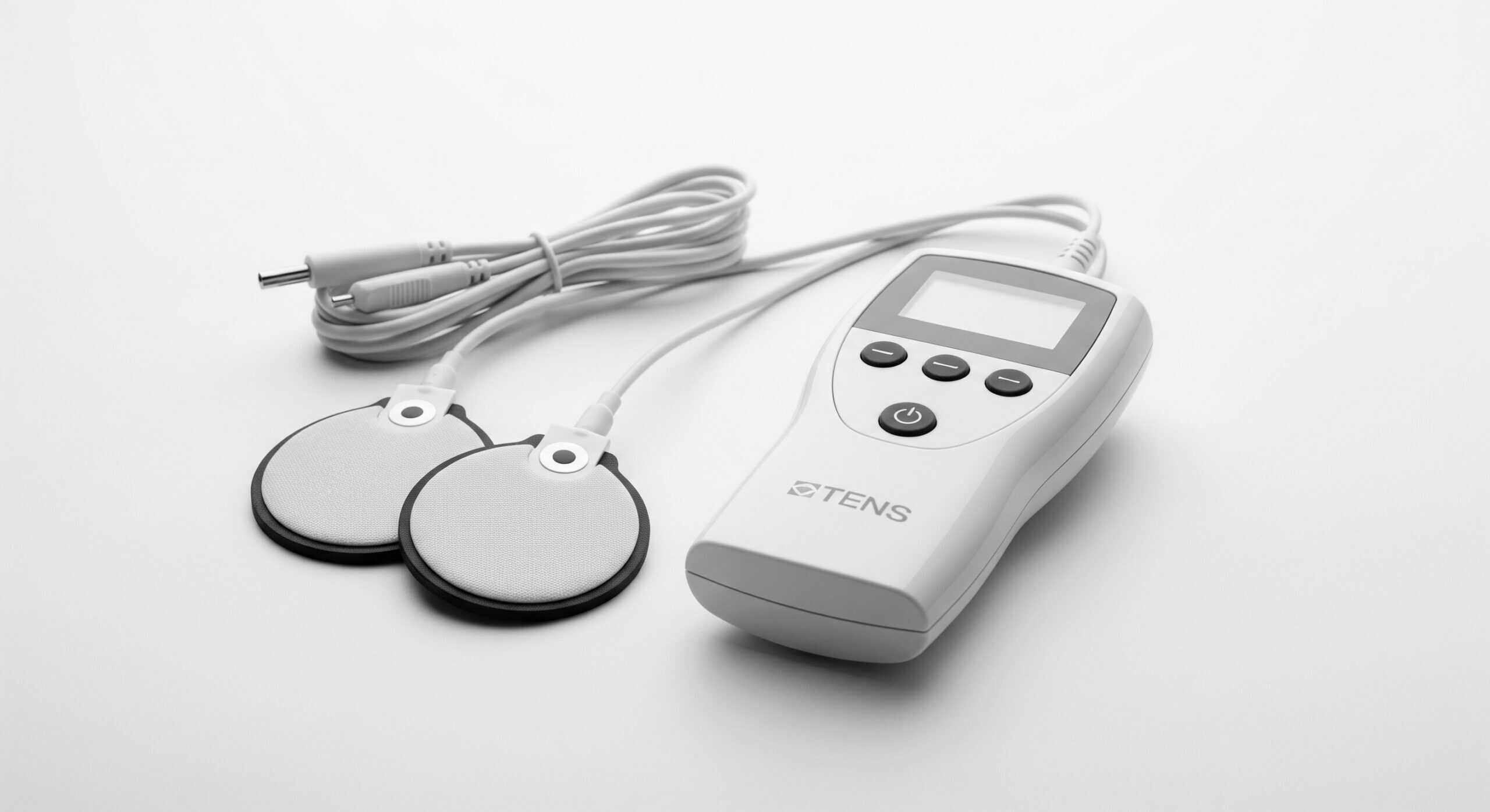A modern TENS unit device laid out on a white background, with two electrode pads and their wires neatly arranged beside it.