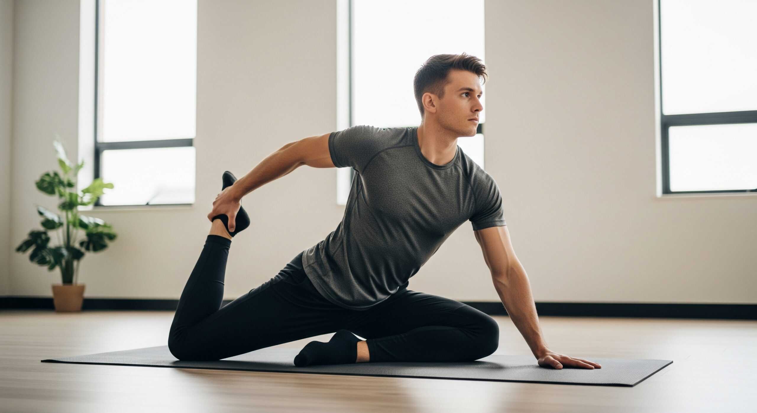 A person performs the Pigeon Stretch on a yoga mat in a brightly lit studio, demonstrating a stretch for glute medius tightness.