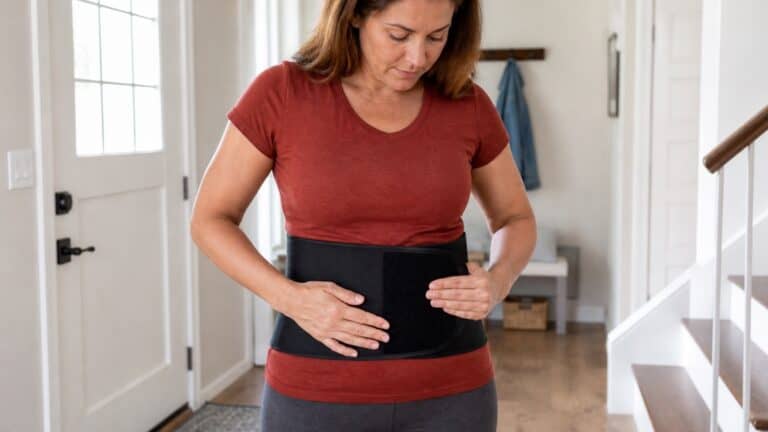 Woman fastening a wide lower-back brace in a bright hallway