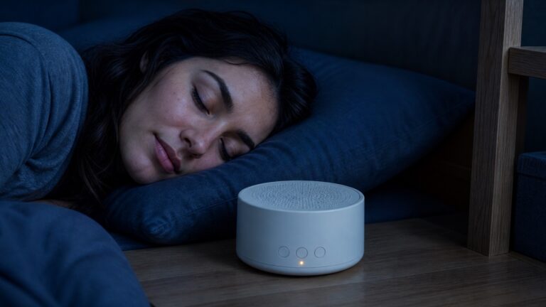 Woman sleeping beside a white noise machine at night