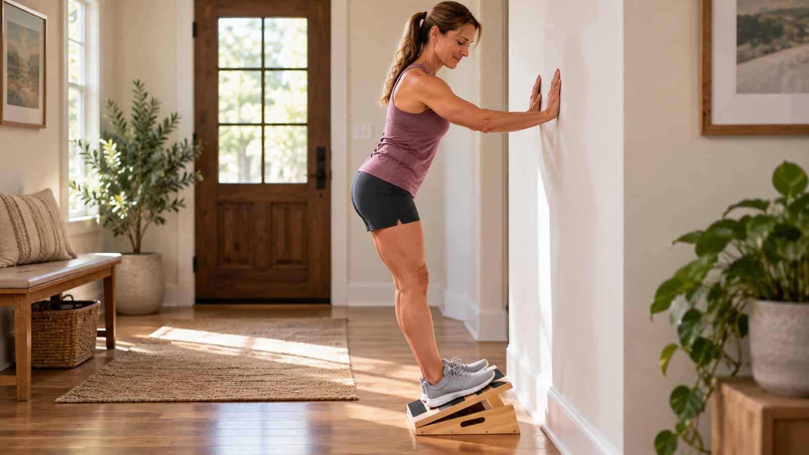 Woman stretching both calves on an adjustable wooden slant board at home