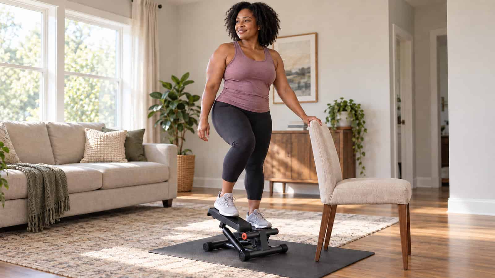 Woman exercising on a compact floor mini stepper in a living room