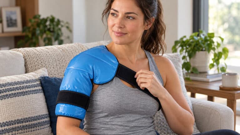 Woman wearing a reusable blue cold wrap over her shoulder at home