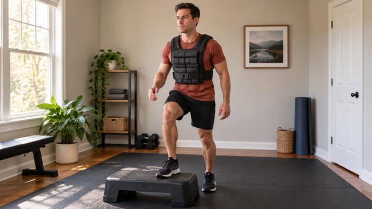 Man performing a home step-up exercise in a black weighted vest