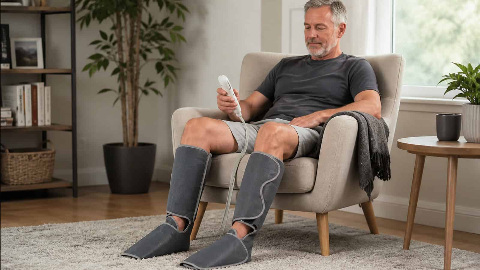 Man seated in an armchair wearing charcoal compression wraps around his calves and feet.