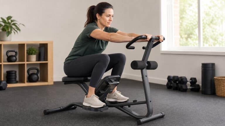 Woman leaning forward on a seated stretching machine in a home exercise room.