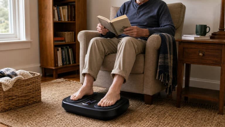 Man reading with both bare feet resting on a circulation platform.