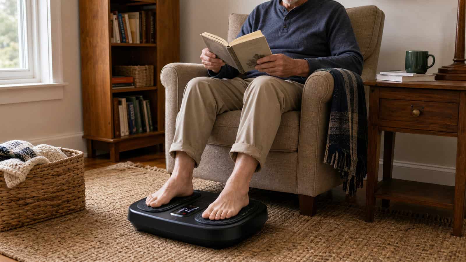 Man reading with both bare feet resting on a circulation platform.
