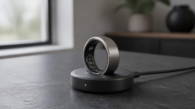 Silver-coloured smart ring on a circular charging dock, with its inner sensors visible.