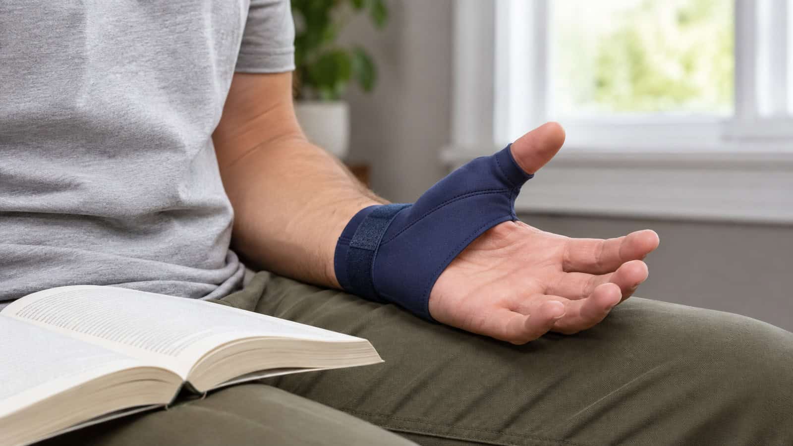 Navy thumb brace supporting a thumb beside an open book.